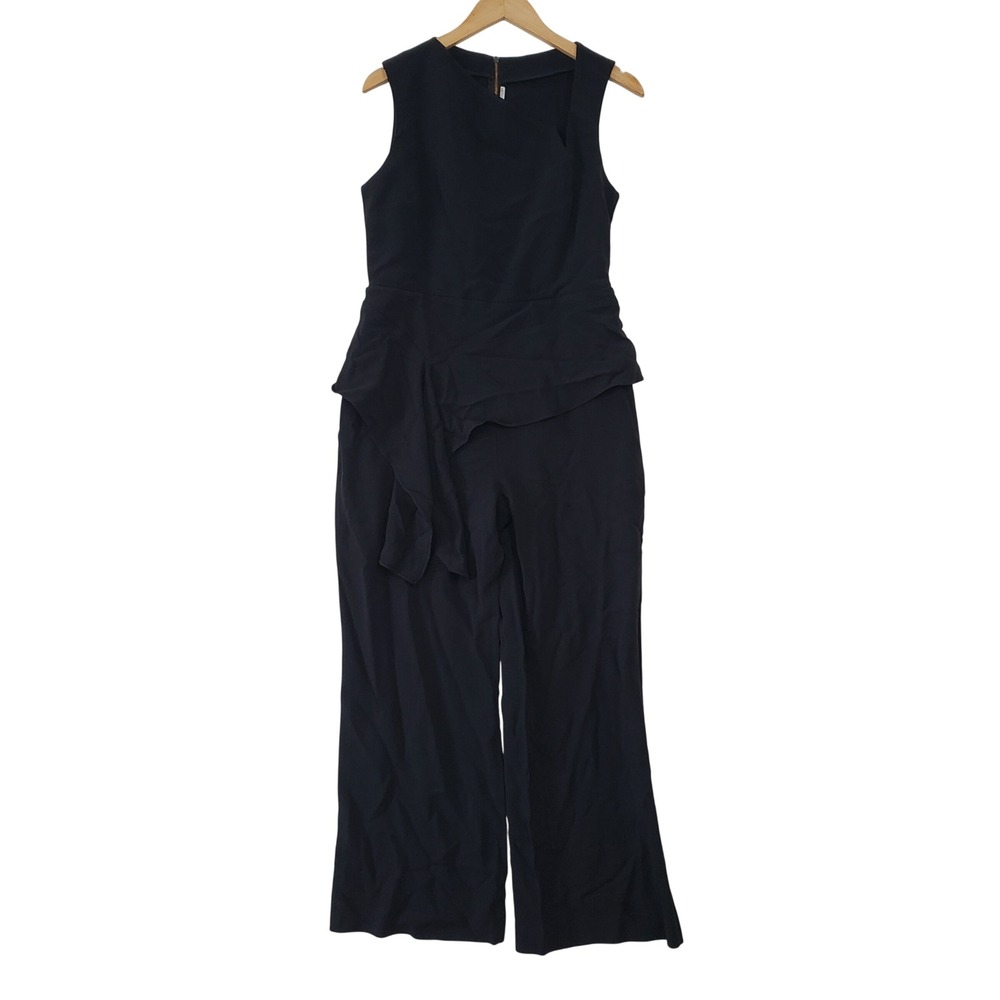 Roland Mouret‎ Jumpsuit Womens US 6 Black Asymmetric Peplum Wide Leg Silk Lined